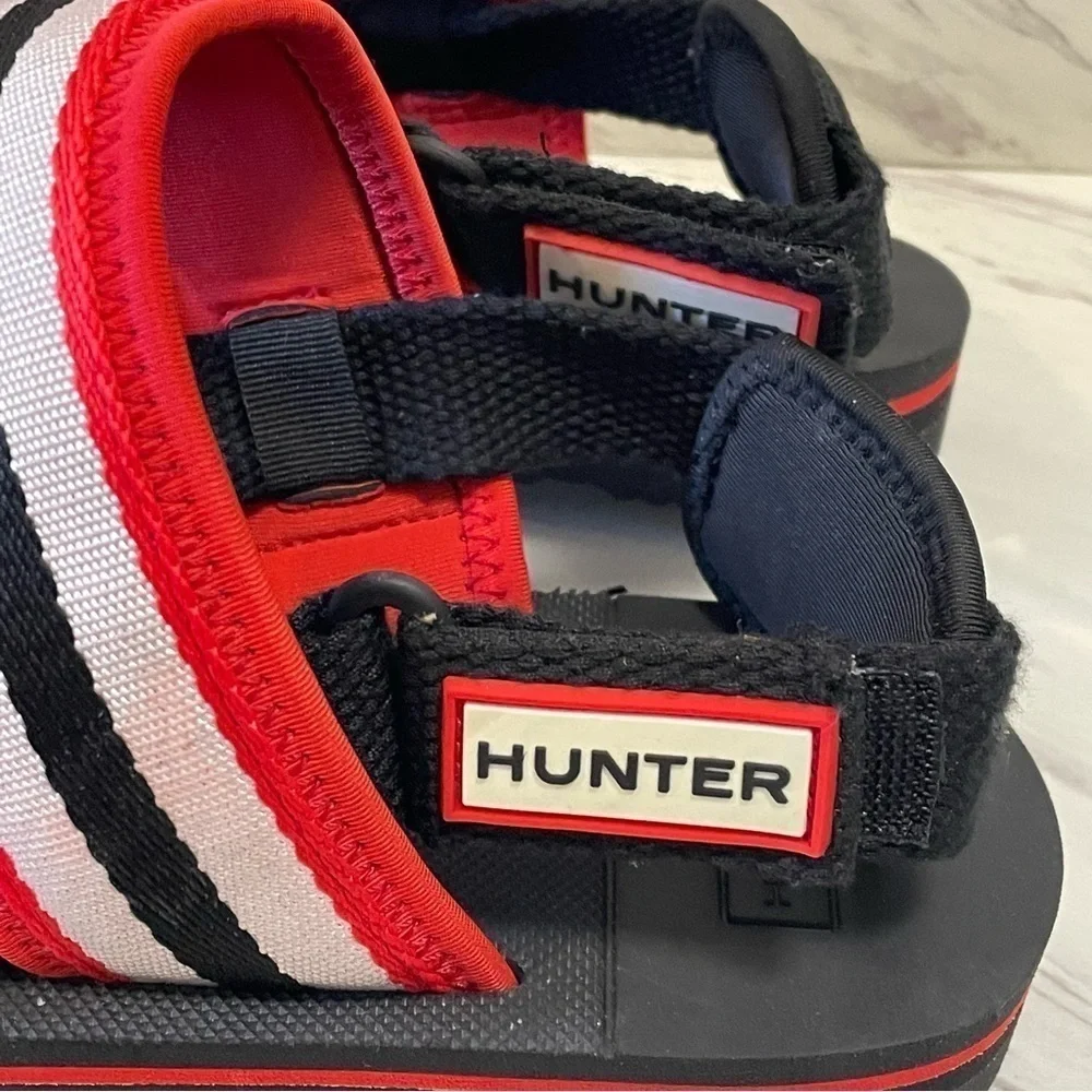 Hunter Original Beach Sandal Strap Hook Loop Red Black White Stripe Sz UK 10